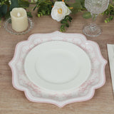 25-Pack Paper Dessert Plates in White with Pink Damask Floral Print & Scallop Rim