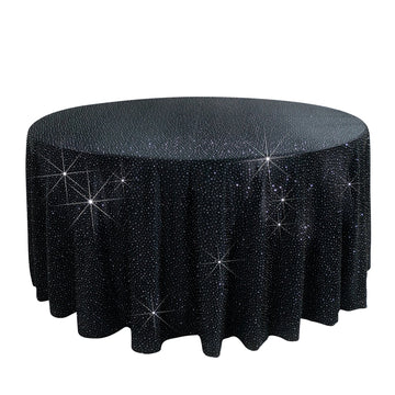 Scuba Round Tablecloth 120″ Black with Rhinestone Accents – Seamless, Wrinkle-Free, Stain-Resistant Event Linen