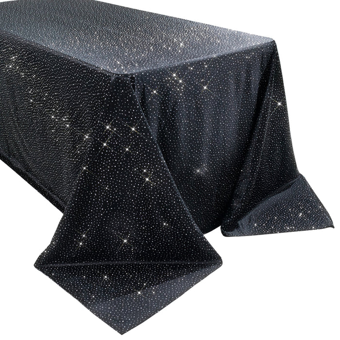 Scuba Rectangular Tablecloth 90×132inch Black Rhinestone Accents – Seamless, Wrinkle-Free