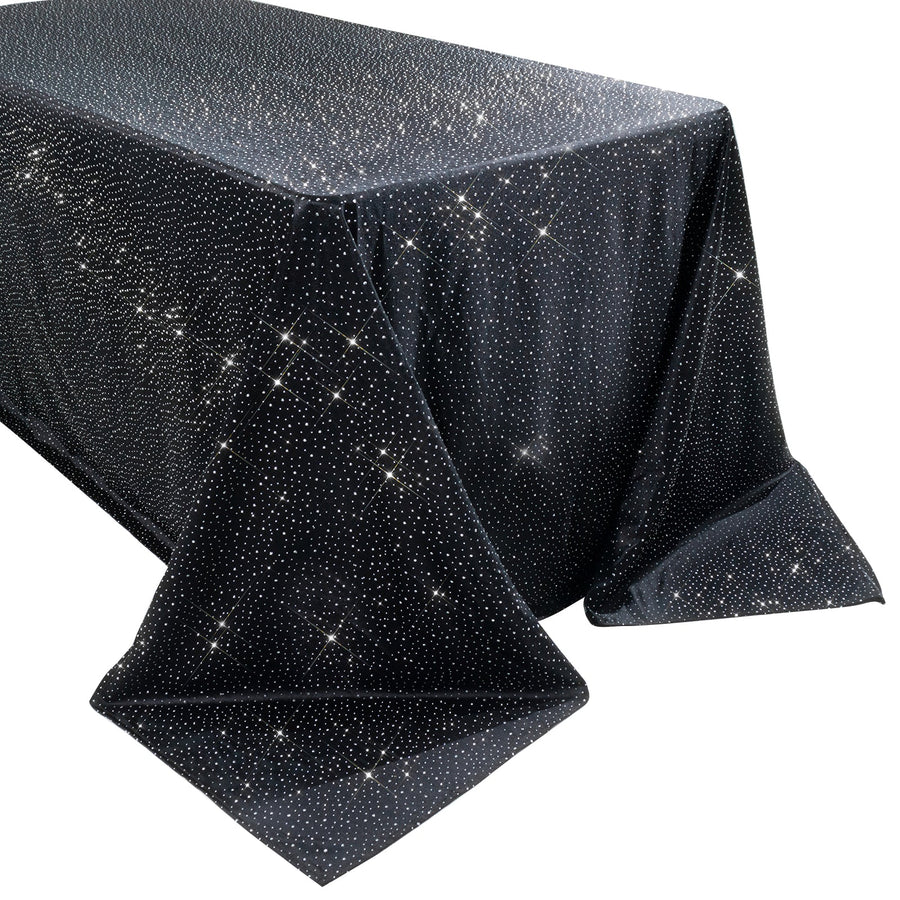 Scuba Rectangular Tablecloth 90×132inch Black Rhinestone Accents – Seamless, Wrinkle-Free