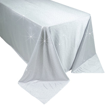 Scuba Rectangular Tablecloth 90"×156" White with Rhinestone Accents – Seamless, Wrinkle-Free, Stain-Resistant Event Linen