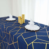 90inch x 156inch Navy Blue Rectangle Polyester Tablecloth With Gold Foil Geometric Pattern