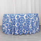 120inch Royal Blue Seamless Round Velvet Flocking Design Taffeta Damask Tablecloth