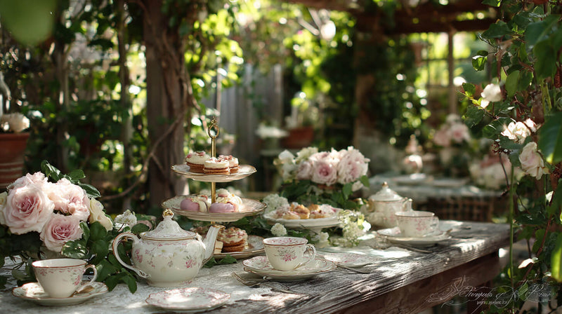 Garden tea party table with teacups, cakes, and roses