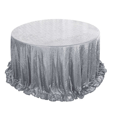 Sequin 132" Round Tablecloth Silver - Seamless Dazzling Table Cover