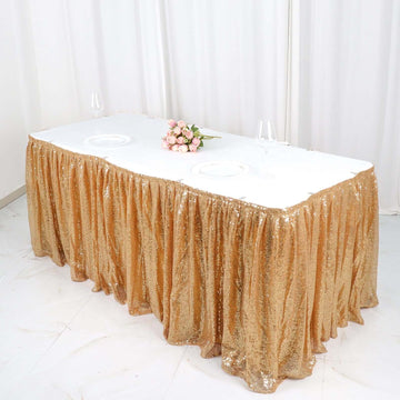 Sequin 17ft Table Skirt Gold - Pleated Satin With Top Velcro Strip - Glitzy Event Decoration