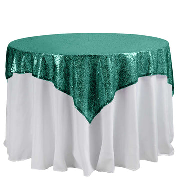 Sequin 60"x60" Table Overlay Square Tablecloth Hunter Emerald Green - Luxe Wedding Table Topper