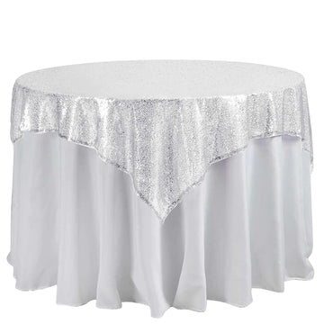 Sequin 60"x60" Table Overlay Square Tablecloth Silver - Luxe Wedding Table Topper