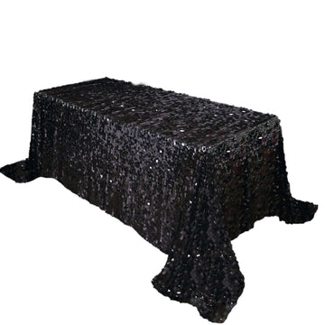 Sequin 90"x132" Rectangle Tablecloth Black - Seamless Big Payette Design for Sophisticated Occasions