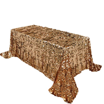 Sequin 90"x132" Rectangle Tablecloth Gold - Seamless Big Payette Design for Sophisticated Occasions