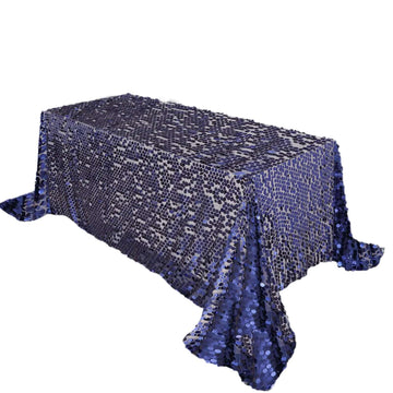 Sequin 90"x132" Rectangle Tablecloth Navy Blue - Seamless Big Payette Table Cover