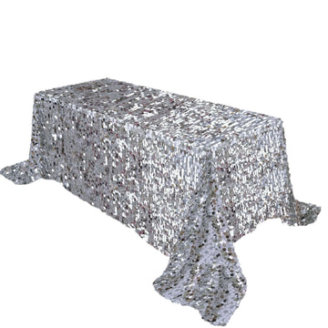 Sequin 90"x132" Rectangle Tablecloth Silver - Seamless Big Payette Table Cover