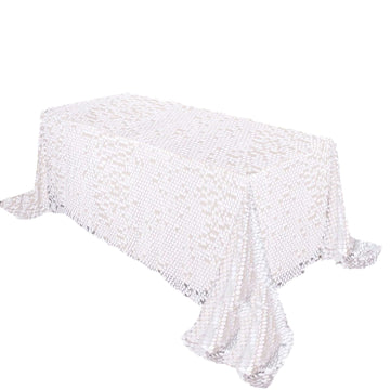 Sequin 90"x132" Rectangle Tablecloth White - Seamless Big Payette Design for Sophisticated Occasions