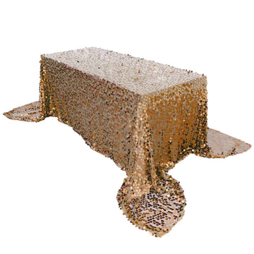 Sequin 90"x156" Rectangle Tablecloth Gold - Seamless Big Payette Design for Luxe Celebrations