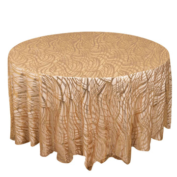 Sequin Mesh 120" Round Tablecloth Gold - Seamless Wave Embroidered Design for Stylish Events