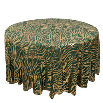 Sequin Mesh 120" Round Tablecloth Hunter Emerald Green/Gold - Seamless Wave Embroidered Table Cover