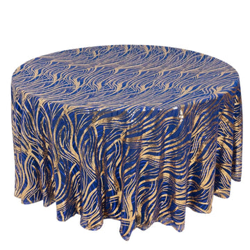 Sequin Mesh 120" Round Tablecloth Royal Blue/Gold - Seamless Wave Embroidered Table Cover