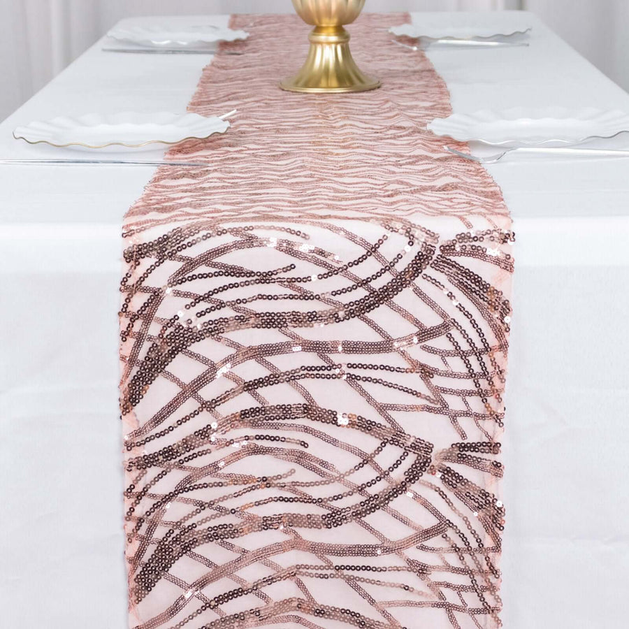 12x108inch Blush Rose Gold Wave Mesh Table Runner With Embroidered Sequins