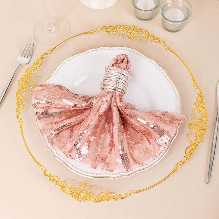 Blush Rose Gold Wave Embroidered Sequin Mesh Dinner Napkin, Reusable Decorative Napkin