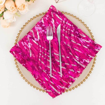 Sequin Mesh 20"x20" Napkin Fuchsia Silver - Wave Embroidered Reusable Napkin