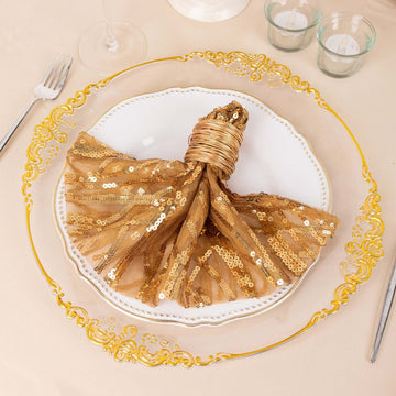 Sequin Mesh 20"x20" Napkin Gold - Wave Embroidered Reusable Cloth Napkin for Glitzy Table Settings