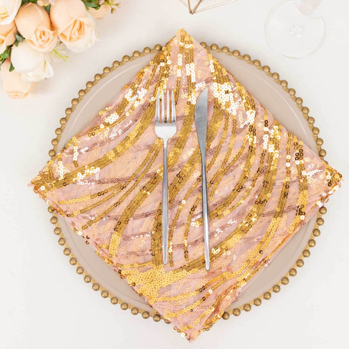 Rose Gold Wave Embroidered Sequin Mesh Dinner Napkin, Reusable Decorative Napkin