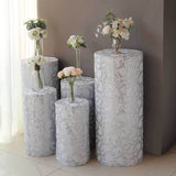 Set of 5 Silver Sequin Mesh Cylinder Pedestal Pillar Prop Covers with Leaf Vine Embroidery