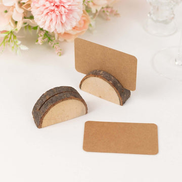 Set of 10 Wood Place Card Holders Rustic Semicircle Design Natural with Brown Paper - Wedding Table Number Display 2.5"