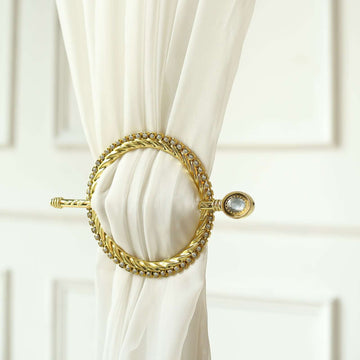 Set of 2 6" Gold Acrylic Braided Barrette Style Curtain Tie Backs With Crystal Diamond Studded Edge, Round Backdrop Drapery Brooch Holdbacks