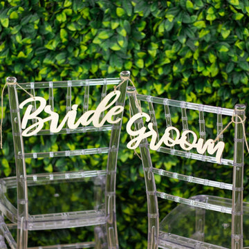 Set of 2 Bride and Groom Chair Signs Natural Wood - Charming Calligraphy Wall Hanging Wedding Decor & Props 12"x5"