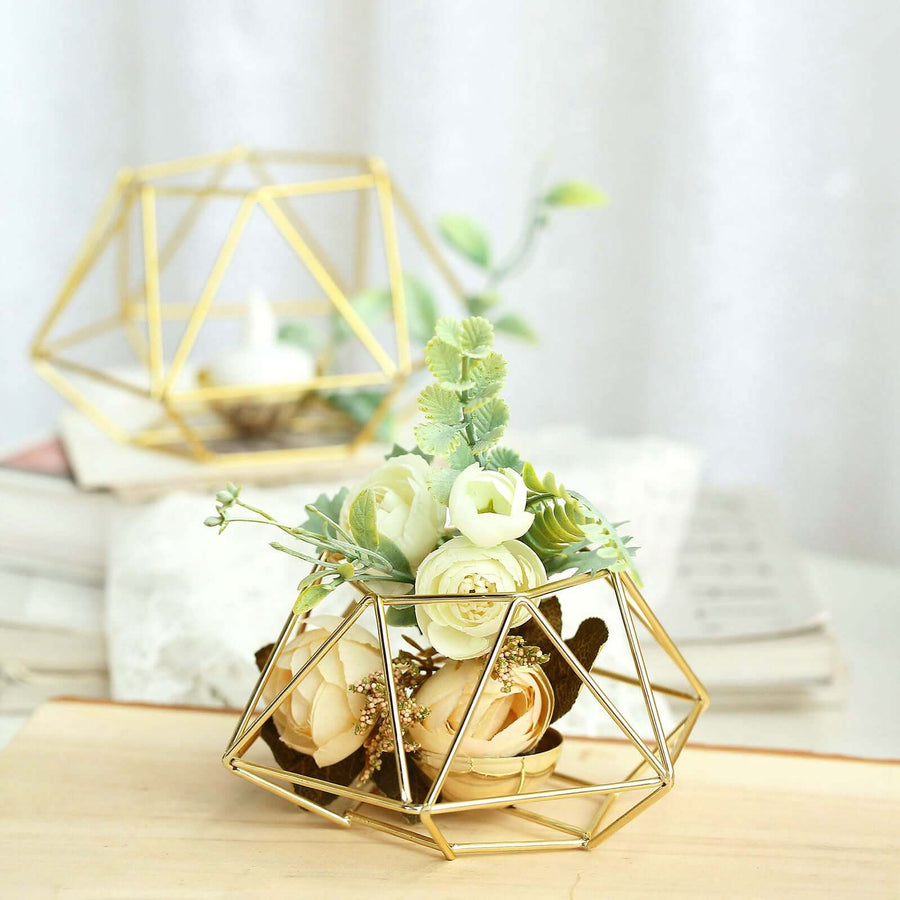 Set of 2 | Gold Metal Hexagon Candle Holder Set, Geometric Table Centerpiece