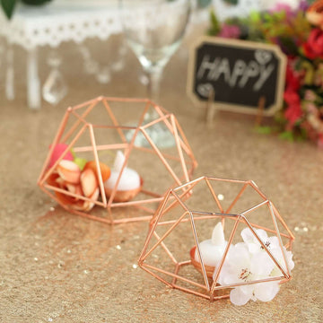 Set of 2 Candle Holders Metal Hexagon Geometric Design Rose Gold - Modern Decorative Centerpieces for Tables 4"x3"