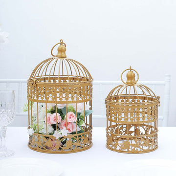 Set of 2 Card Holders Wrought Iron Bird Cage Design Metallic Gold - Decorative Display Stand 9"/13"