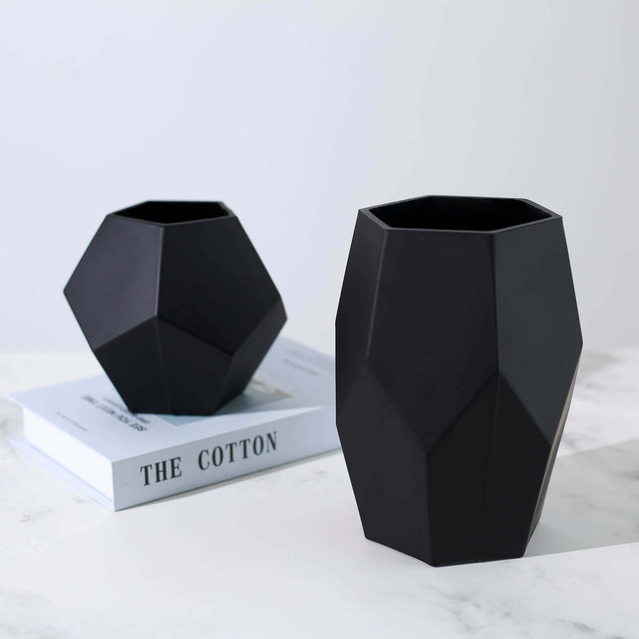 Set of 2 | Geometric Flower Vases, Matte Black Modern Glass Vases Table Centerpiece - 5inch | 8inch