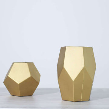 Set of 2 Glass Flower Vases Geometric Design Matte Gold - Stylish Modern Candle Holder Centerpieces 5", 8"