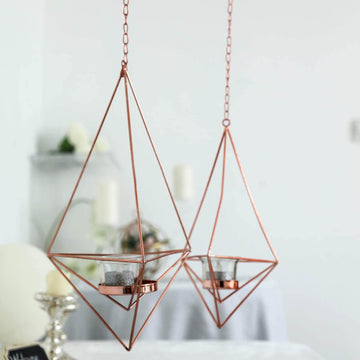 Set of 2 Hanging Tealight Candle Holders Rose Gold Metal Diamond Geometric Open Frame - Flower Terrariums 12", 15"