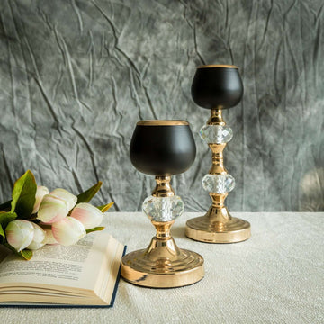 Set of 2 Metal Crystal Lamp Candle Holders Gold/Black - Sophisticated Votive Tealight Stands 7", 11"