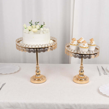 Set of 2 Pedestal Cake Stands Round Design with Mirror Top Gold - Crystal Beaded Cupcake Dessert Display Metal 11", 13"