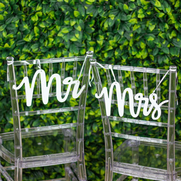 Set of 2 Wood Mr and Mrs Chair Signs White - Chic Calligraphy Wall Hanging Wedding Decor & Props 12"x6"