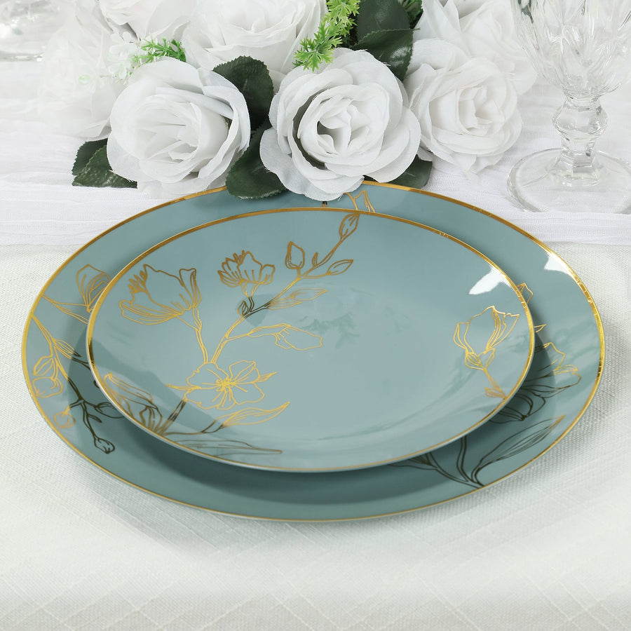 Set of 20 Dusty Blue Plastic Dinner Dessert Plates With Metallic Gold Floral Design