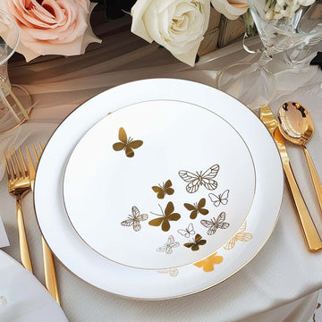 Set of 20 Plastic Round Dinner and Salad Plates in White with Gold Butterfly Design & Gold Rim - Stylish Disposable Dinnerware for Buffets & Catered Events 8", 10"