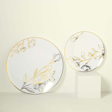 Set of 20 Plastic Round Dinner and Dessert Plates in White with Metallic Gold Floral Design - Stylish Disposable Dinnerware for Banquets & Special Occasions 8", 10"