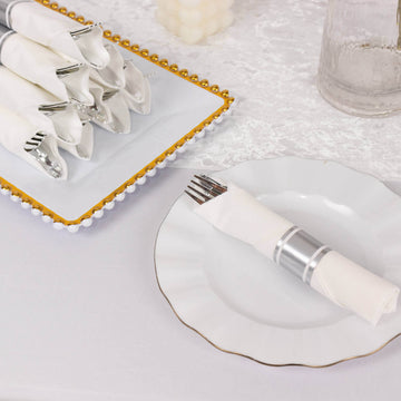 Set of 24 Silver Plastic Silverware with Pre-Rolled White Paper Napkins - Disposable Wrapped Fork, Spoon, and Knife Set