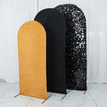 Set of 3 Black Gold Round Top Fitted Wedding Arch Frame Covers, Big Payette Sequin, Shimmer Tinsel and Matte Spandex Backdrop Stand Covers