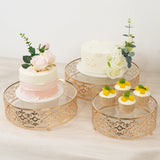 Set of 3 Baroque Ornate Gold Metal Cake Stands with Glass Top, Stackable Round Dessert Display Trays