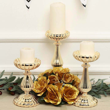 Set of 3 Candle Holder Stands Gold Mercury Glass Pillar Design - Stylish Votive Centerpieces for Tables & Decor 7", 8", 10"