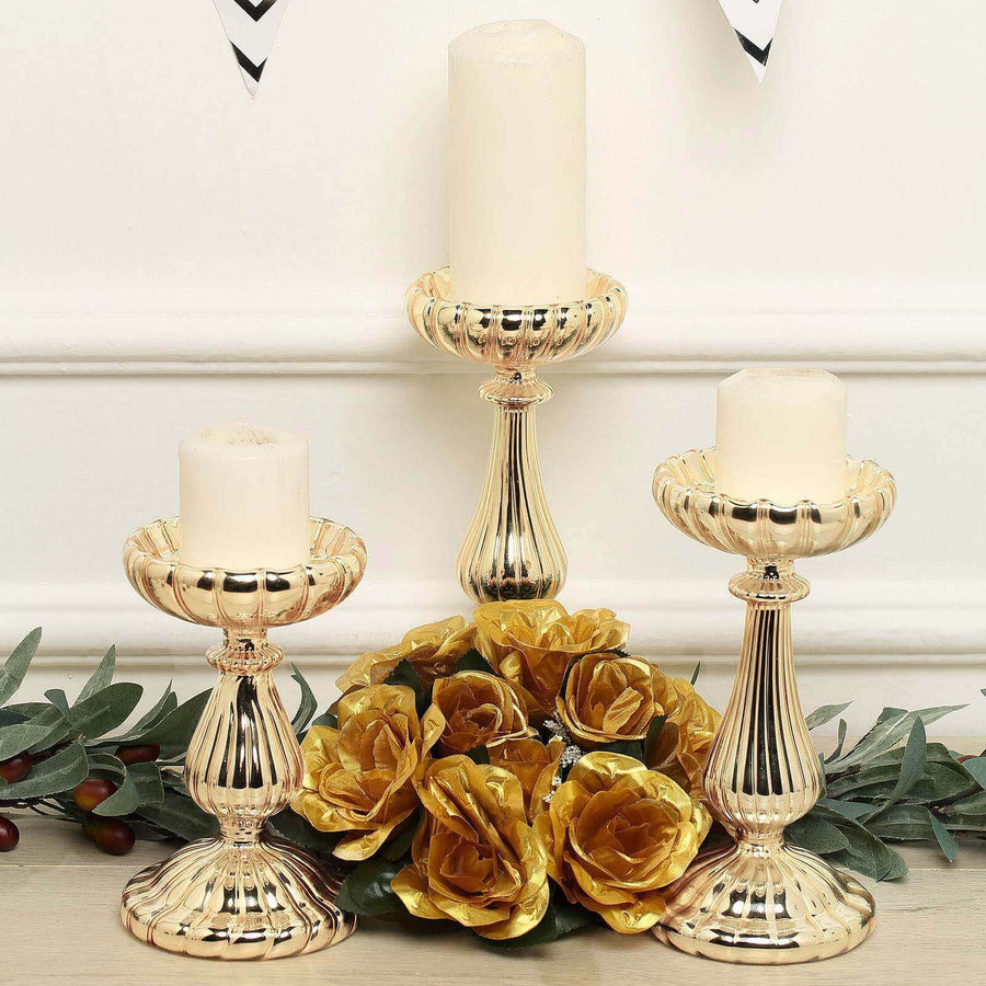 Set of 3 | Mercury Gold Glass Pillar Candle Holder Stands, Votive Candle Centerpieces