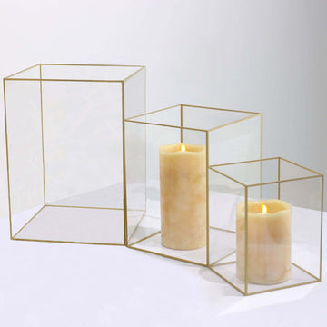 Set of 3 Candle Holders Acrylic Flower Display Boxes with Gold Rims Clear - Decorative Pillar Centerpieces 6", 8", 10"