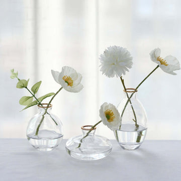 Set of 3 Clear Glass Bud Vases with Metallic Gold Rim - Modern Flower Table Centerpieces Assorted Sizes