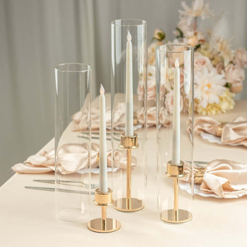 Set of 3 Clear Glass Hurricane Candle Sleeves 3.5" Wide - Chic Pillar Candle Shades Holder Table Centerpiece 15", 17", 19"